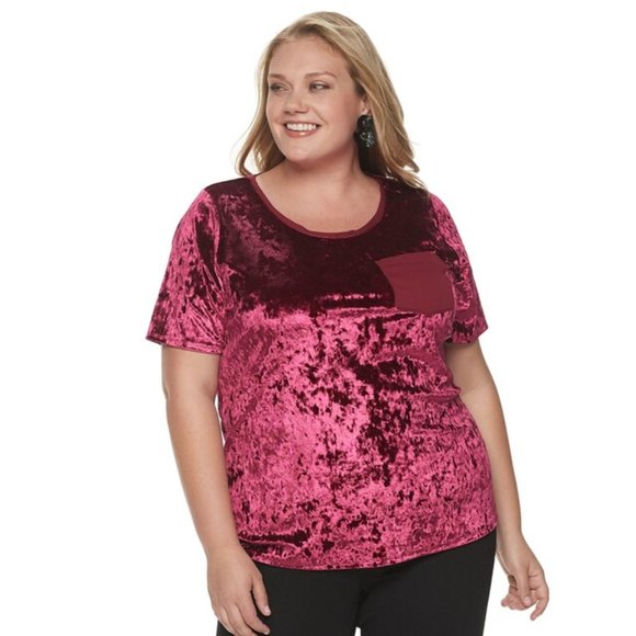 EVRI Tops - NWT EVRI Burgundy Velvet Pocket Tee Shirt Size 1X